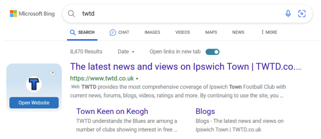 Richard’s Bing results page with the new ChatGPT tab incorporated and well deserved plug for Ipswich town.